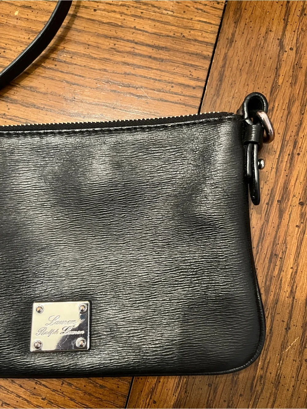 Lauren‎ Ralph Lauren Black Leather Wristlet with Metal Logo Plate